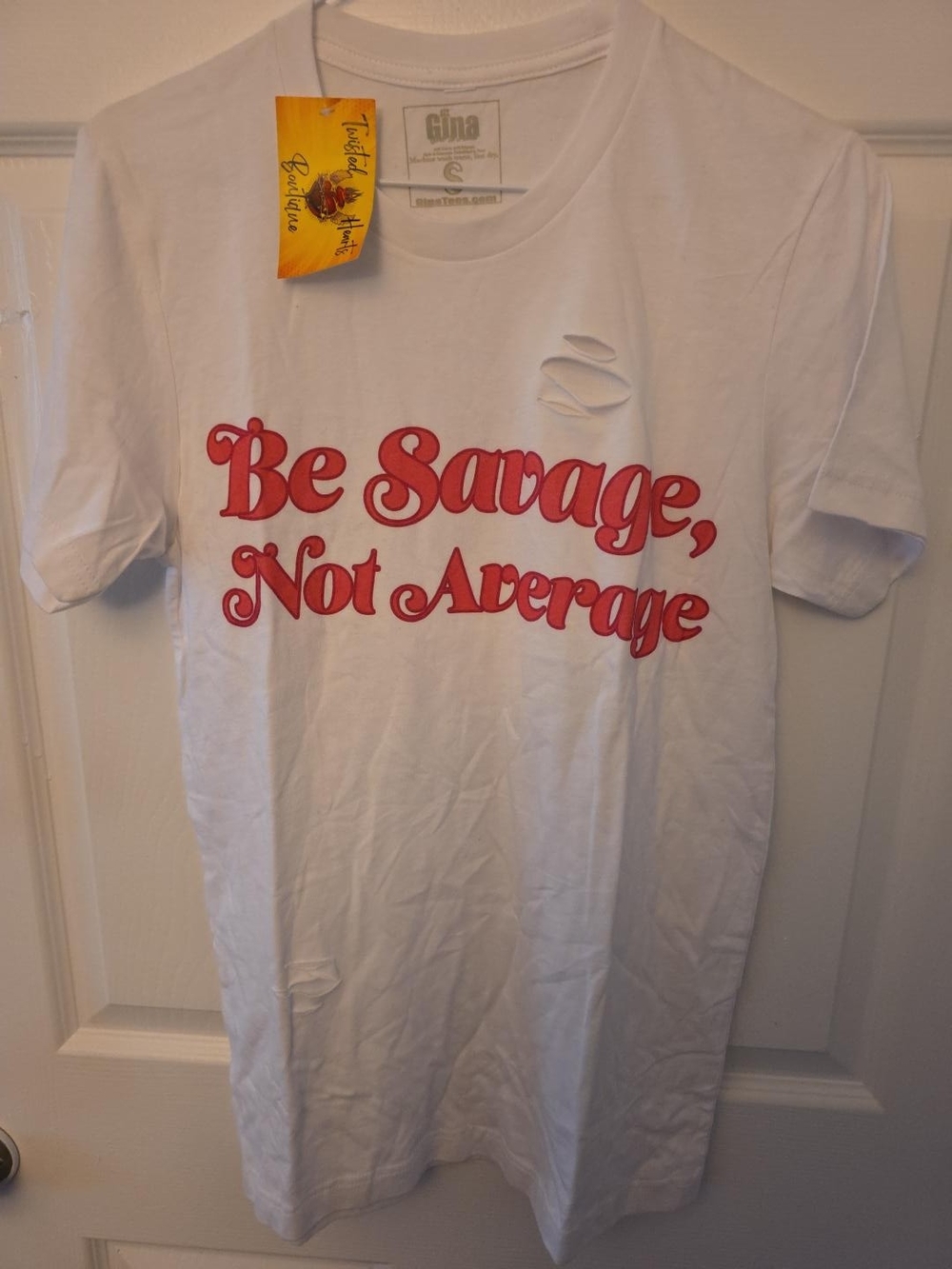 Gina White Short-Sleeve Tee with Red "Be Savage, Not Average" Script